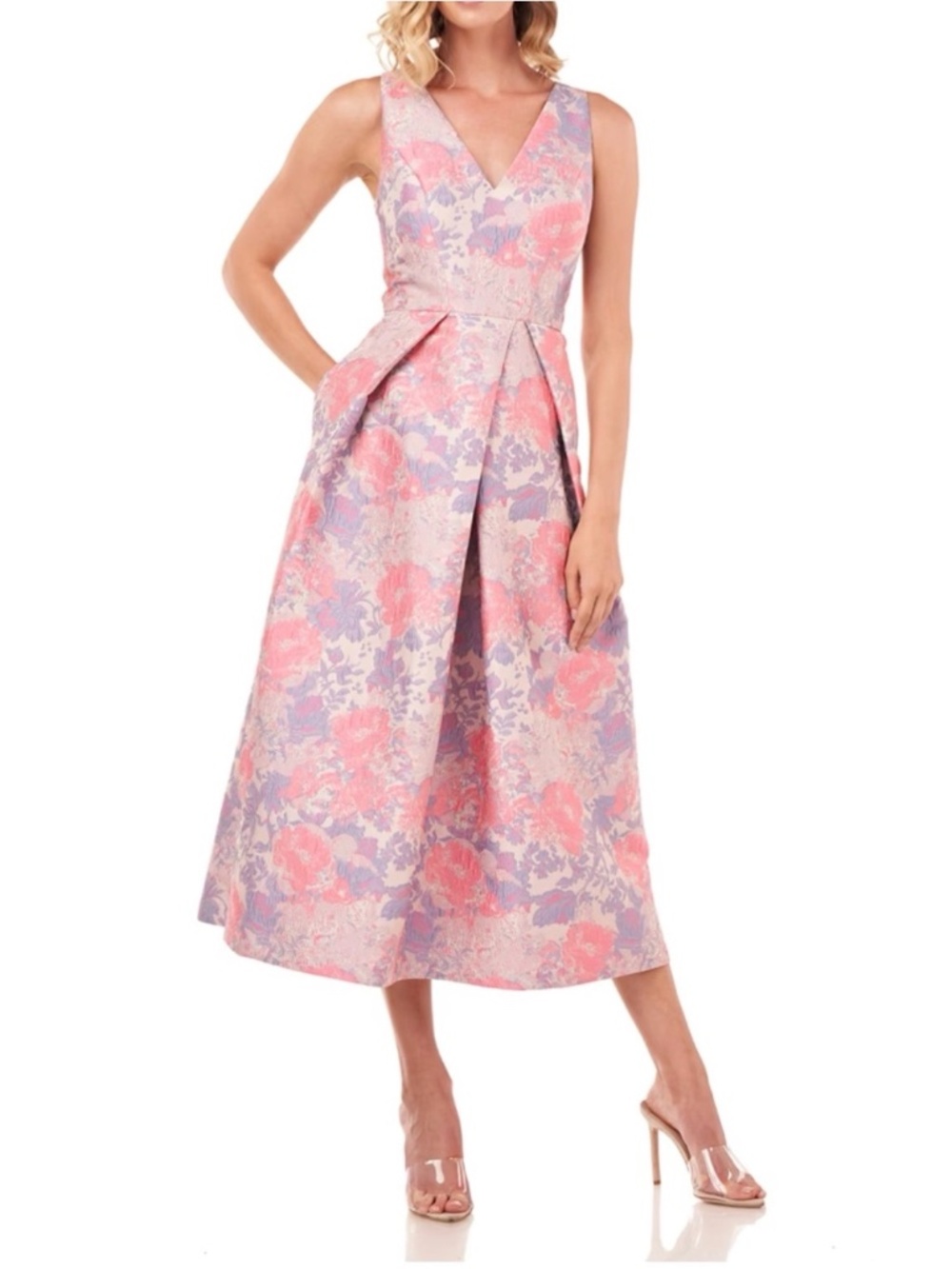 Kay Unger New York Maxime V-Neck Sleeveless Floral Jacquard Dress Sz 14